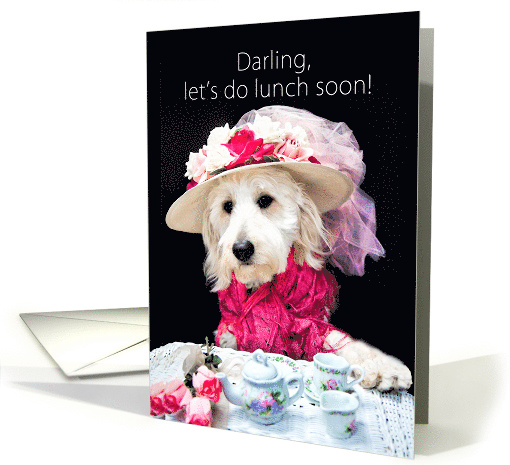 Let's do Lunch, Golden Doodle Dressed-up Wearing Hat having Tea card