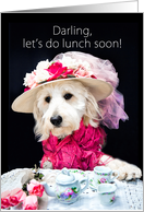 Let’s do Lunch, Golden Doodle Dressed-up Wearing Hat having Tea card