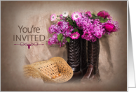 Invitation, Country Wesern Boots with Purple Flowers card