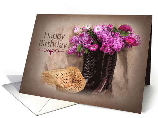 Birthday, Country Western Boots with Lilacs, Purple Tulips... (806603)