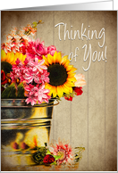 Thinking of You, Bucket of Sunshine,Sunflowers & PInk Flowers, Blank card