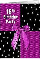 16th Birthday Party Invitation, Gift with Black Fuschia Bow, Female card