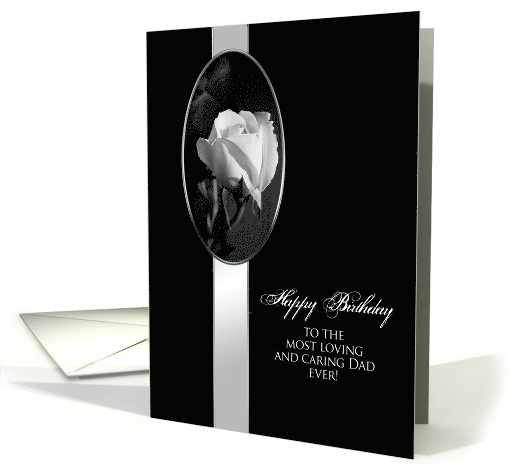 Birthday, Dad, White Rose within Oval on Black Background, Classy card