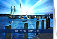 Birthday, Son, Seagulls Perched on Bulkheads at Marina at Sunset card