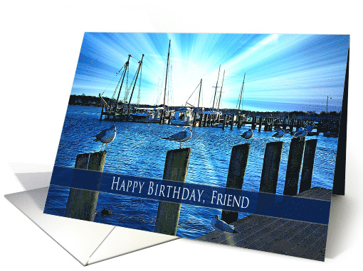 Birthday, Friend, Seagulls Perched on Bulkheads at Marina, Sunset card