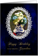 Birthday, Grandma, Vintage, Lace Oval Frame with Vase of Flowers card