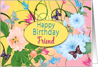 Birthday, Friend, Butterflies and Flowers, Yellow, Pink and Blues card