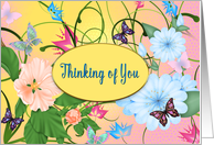 Thinking Of You, Blank, Butterflies and Flowers in Pink, Green and Blu card