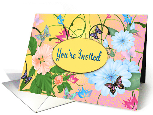 Invitation, Bright and Cheerful with Butterflies and Flowers card