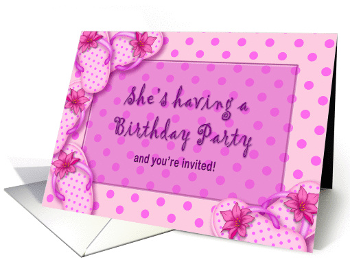 Girly Birthday Party Invitation - Pink Polka Dots - Flip Flops card