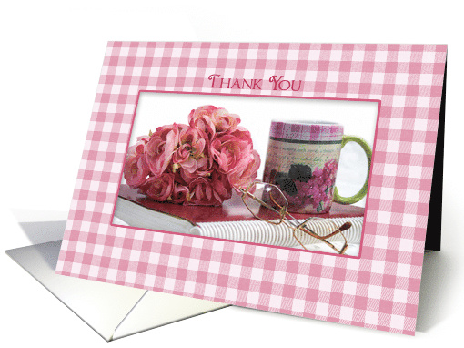 Thank You, Blank, Sweet Pink Gingham with Flower and Coffee Mug, card