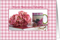 Birthday,Godmother, Pink Gingham with Flowers, Mug and Reading Glasses card