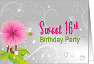 Sweet 16th Birthday Party Invitation, Dainty Pink Flower & Butterflies card