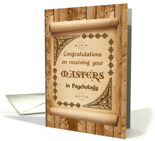 Congratulations Masters in Psychology, Scroll on Wood Look card