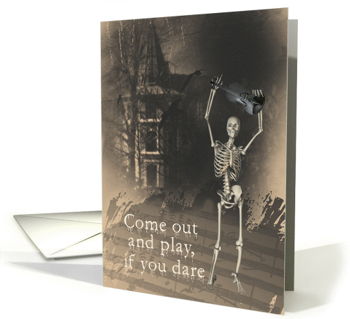 Halloween Party Invitation, Haunted House, Skeleton with Violin card