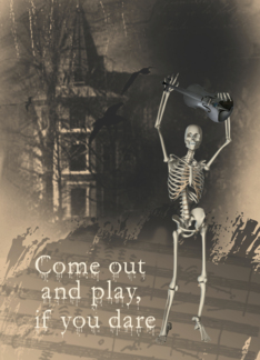 Halloween Party Invitation, Haunted House, Skeleton with Violin
