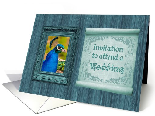 Peacock Wedding Invitation, Ornate Frame and Scroll card (907328)
