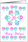 pink and blue flowers, happy 20th birthday card