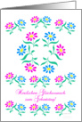 pink and blue flowers, german happy birthday card