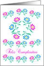 pink and blue flowers, spanish happy birthday card