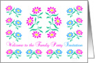 pink and blue flowers, welcome to the family party invitation card