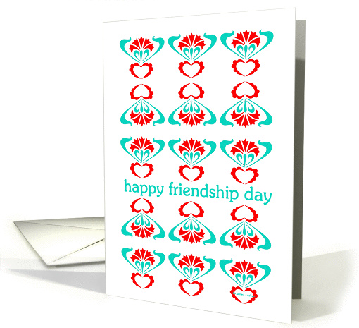 decorative carnations and hearts pattern, happy friendship day card