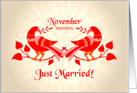 november wedding, birds in love, just married card