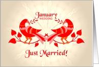 january wedding, birds in love, just married card