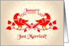january wedding, birds in love, just married card