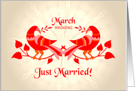 march wedding, birds in love, just married card