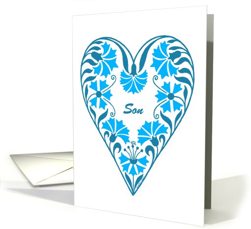 Birthday for Son, blue floral heart card (601508)