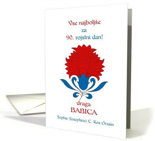 for grandmother, carnation in slovenian colors, 90th birthday card