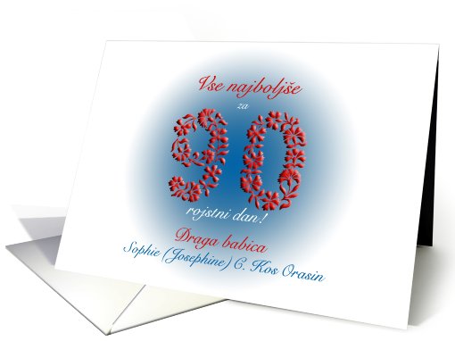 for grandmother, floral number, slovenian colors, 90th birthday card