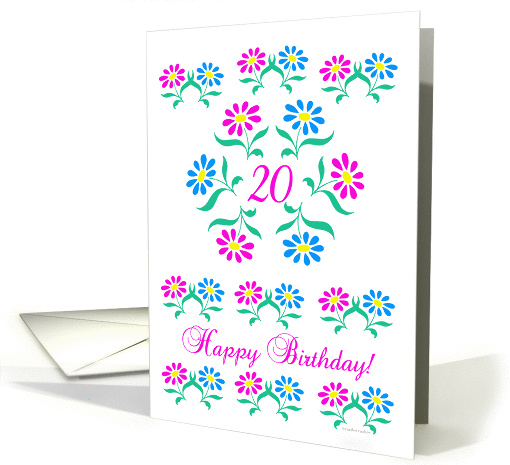 pink and blue flowers, happy 20th birthday card (837041)