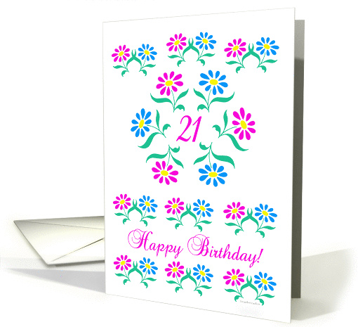 pink and blue flowers, happy 21st birthday card (837062)