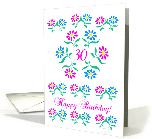 pink and blue flowers, happy 30th birthday card (837111)