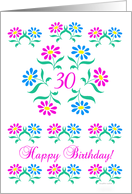 pink and blue flowers, happy 30th birthday card