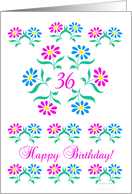 pink and blue flowers, happy 36th birthday card