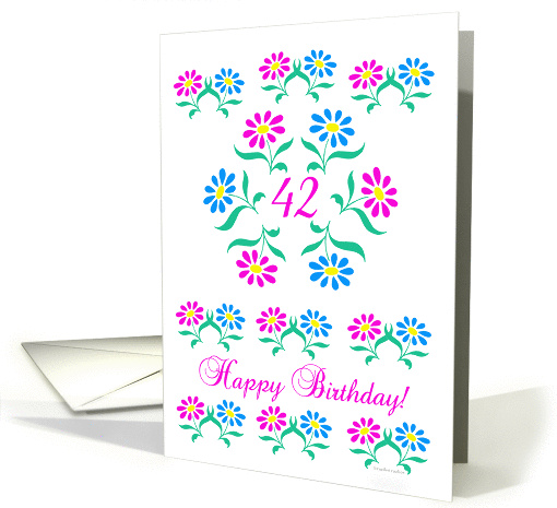 pink and blue flowers, happy 42nd birthday card (837128)