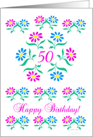 pink and blue flowers, happy 50th birthday card