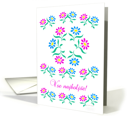 pink and blue flowers, slovenian happy birthday card (837144)