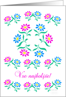 pink and blue flowers, slovenian happy birthday card