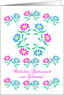 pink and blue flowers, german happy birthday card