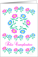 pink and blue flowers, spanish happy birthday card