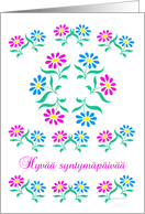 pink and blue flowers, finnish happy birthday card