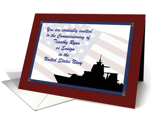 U.S. Navy Commissioning Invitation Custom Text, Ship with Flag card