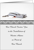 Installation Invitations for Priest, Rosary on Bible, Custom Text card