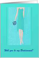 Turquoise dDress with Bouquet, Bridesmaid, Custom Text card