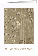 Hearts and Flower Girl with Bouquet, Sepia, Custom Text card