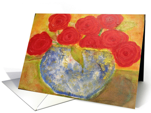 Red Roses Blue Vase Watercolor card (351901)